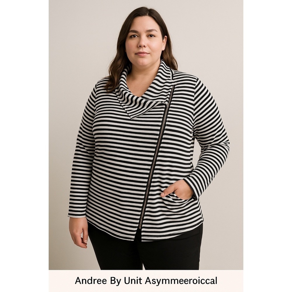 Andree By Unit Womens 2X Black White Striped Asymmetric‎ Zip Jacket P14097
